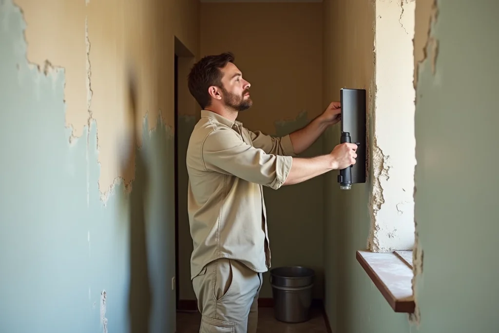 Homme utilisant une spatule pour décoller un papier peint humidifié dans un couloir en rénovation