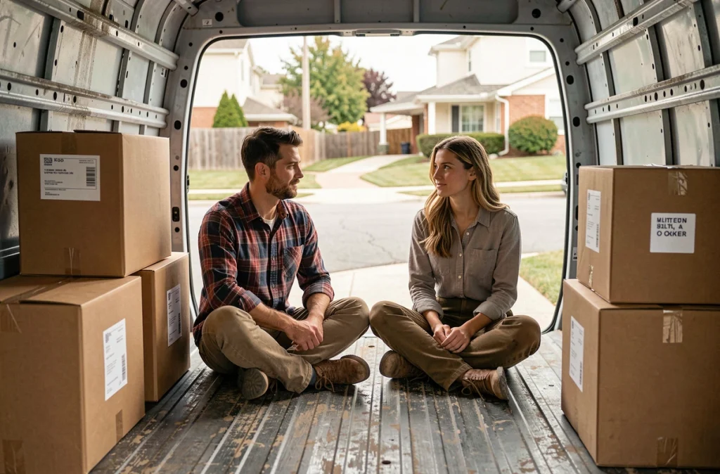 Deux jeunes adultes dans un camion de déménagement entourés de cartons récupérés et réutilisables dans le cadre d'un déménagement écologique