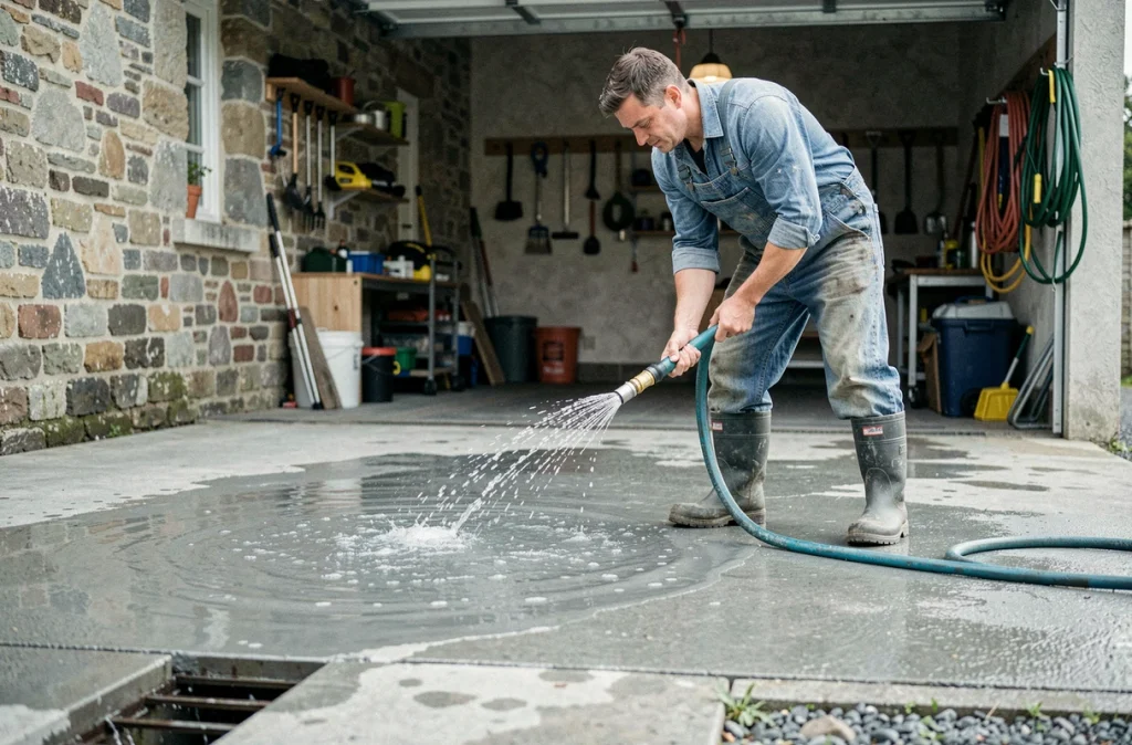 Homme rinçant un sol en béton de garage après un nettoyage en profondeur, rinçage obligatoire après utilisation d'un produit décapant puissant