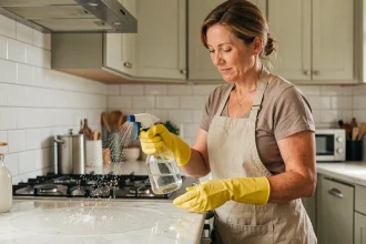 Femme rinçant une surface de cuisine après un nettoyage intensif avec un produit décapant, bonnes pratiques de rinçage après gros travaux