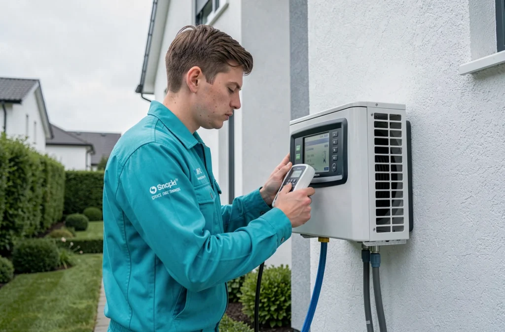 Technicien S3m diagnostiquant une pompe à chaleur sur une maison moderne en Morbihan
