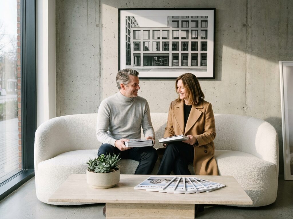 Salle d'attente design scandinave avec canapé bouclé blanc, table en travertin et visiteurs professionnels