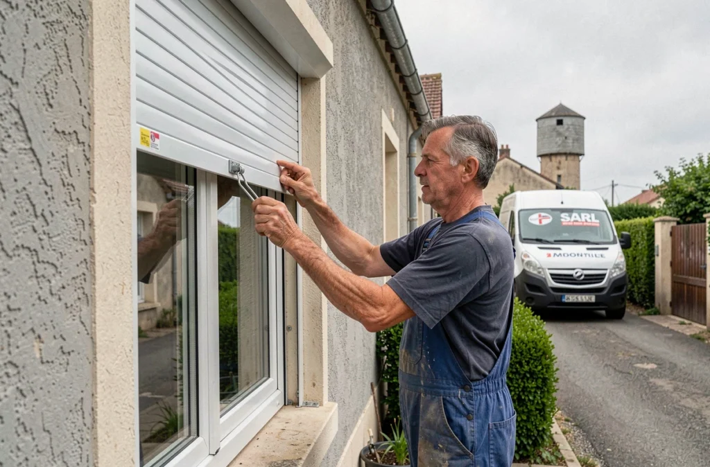 Artisan de la SARL Fiolet posant des volets roulants aluminium sur une maison de village dans l'Oise