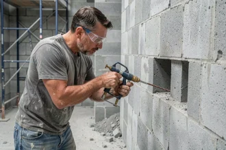 Ouvrier injectant de la résine de scellement chimique dans un parpaing creux sur un chantier de construction
