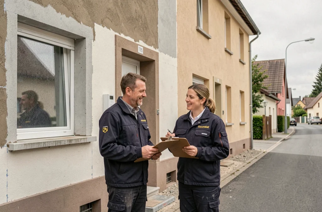 Équipe Socorebat devant une façade rénovée avec isolation extérieure dans une rue résidentielle du Bas-Rhin