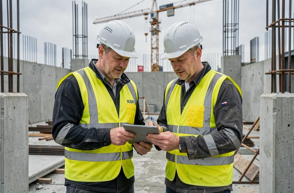 Deux ouvriers du BTP de Solena BTP sur un chantier de construction en Alsace consultant des plans sur tablette