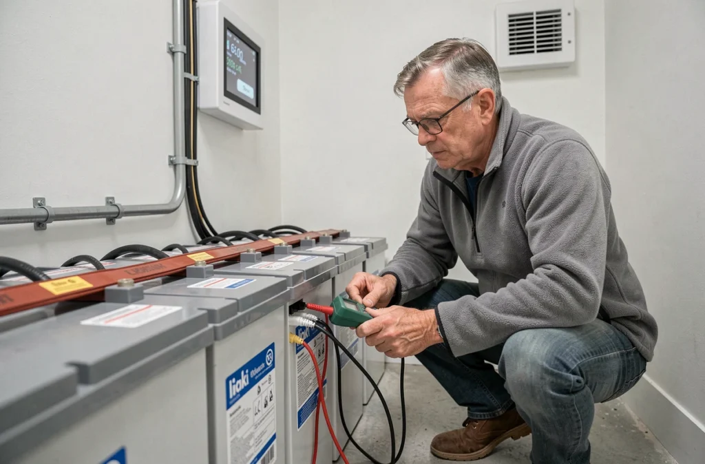 Homme vérifiant des batteries de stockage d'énergie solaire dans une salle technique domestique