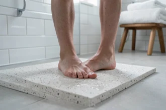 Tapis de bain en diatomite gris posé sur carrelage blanc avec pieds mouillés dessus, illustrant l'absorption rapide de l'eau