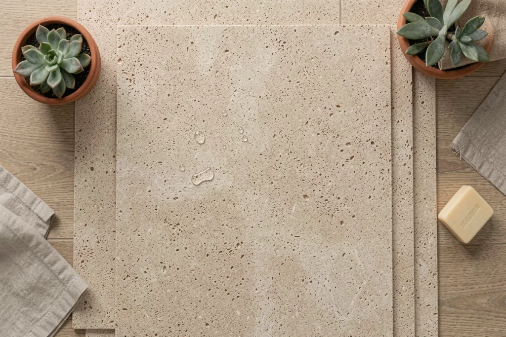 Vue de dessus d'un tapis de bain en diatomite montrant la texture poreuse et des gouttes d'eau en cours d'absorption