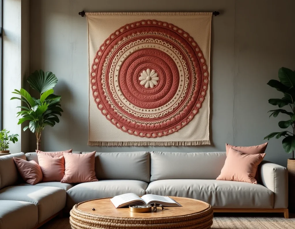 Grande tapisserie mandala fleur de vie en fils terracotta accrochée sur un mur en béton dans un salon bohème contemporain
