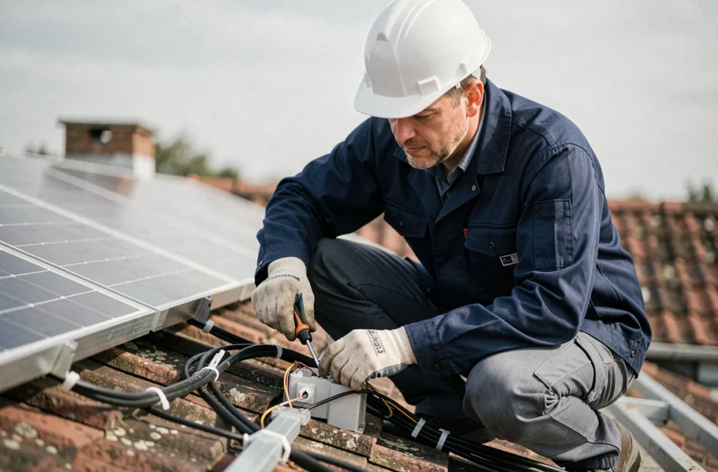 Technicien installant le câblage d'un kit solaire autoconsommation triphasé sur une toiture résidentielle