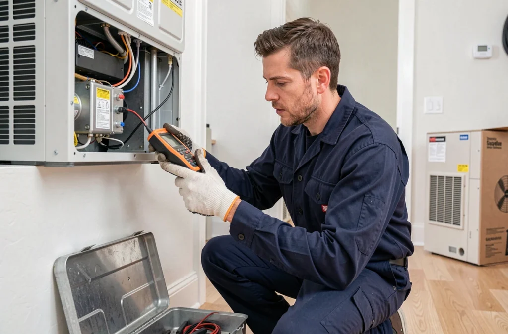 Technicien en installation vérifiant les composants internes d'une pompe à chaleur air-air murale dans un couloir résidentiel