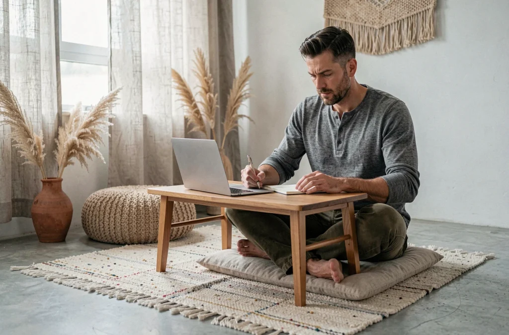 Homme en télétravail assis sur un coussin de sol dans un espace bureau hygge minimaliste avec décoration naturelle et tapis berbère