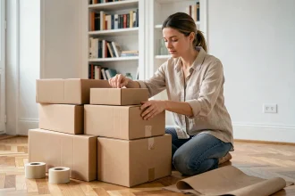 Femme qui plie et trie des cartons de déménagement usagés dans un appartement pour les recycler de manière écoresponsable