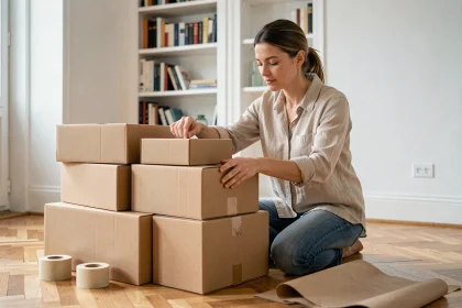Femme qui plie et trie des cartons de déménagement usagés dans un appartement pour les recycler de manière écoresponsable