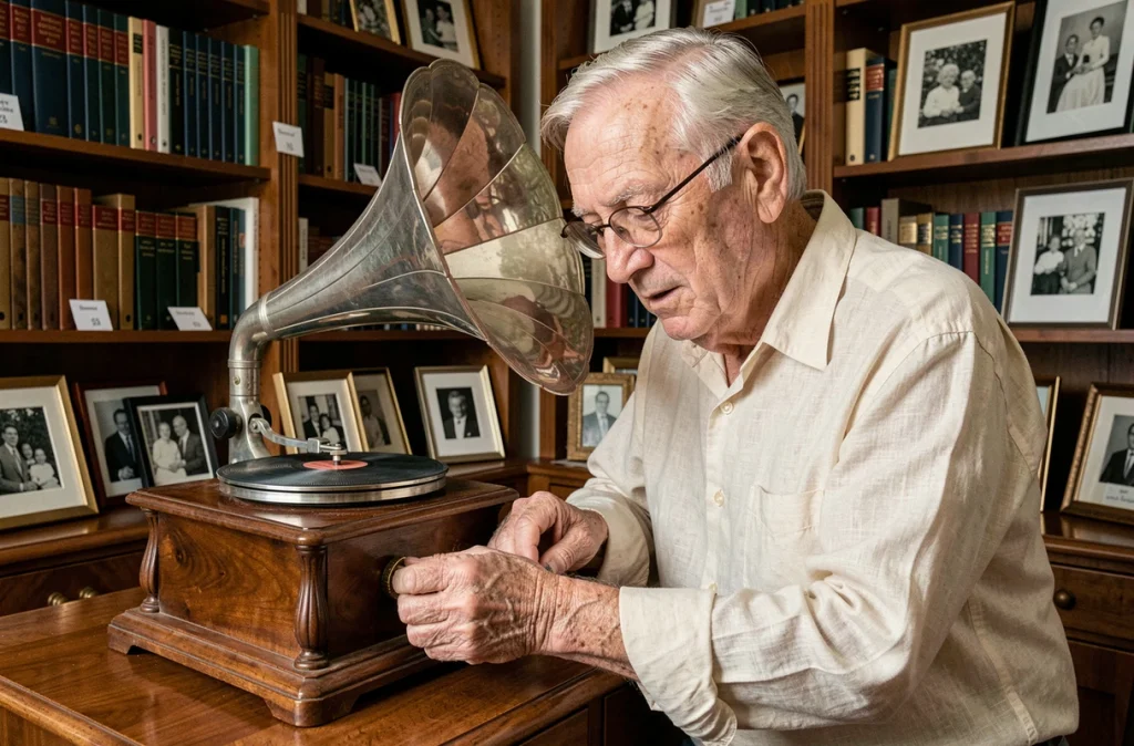 Homme âgé inspectant un gramophone ancien lors d'une vente entre particuliers dans un bureau privé